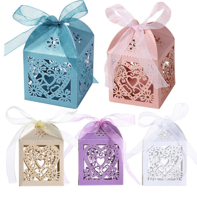 Rose Pink Love Heart Luxury Favour Boxes With Organza Ribbons - 20 pcs