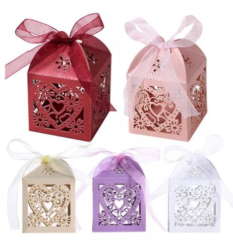 Red Love Heart Luxury Favour Boxes With Organza Ribbons - 20 pcs