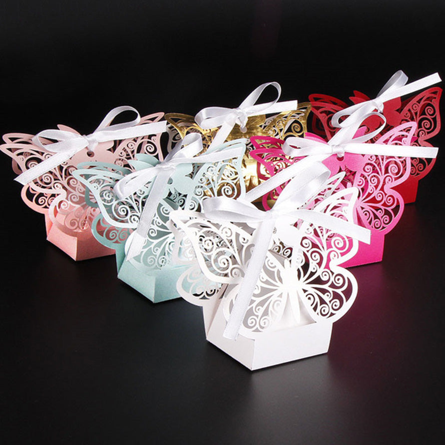 Red Butterfly Luxury Favour Boxes With Organza Ribbons - 20 pcs