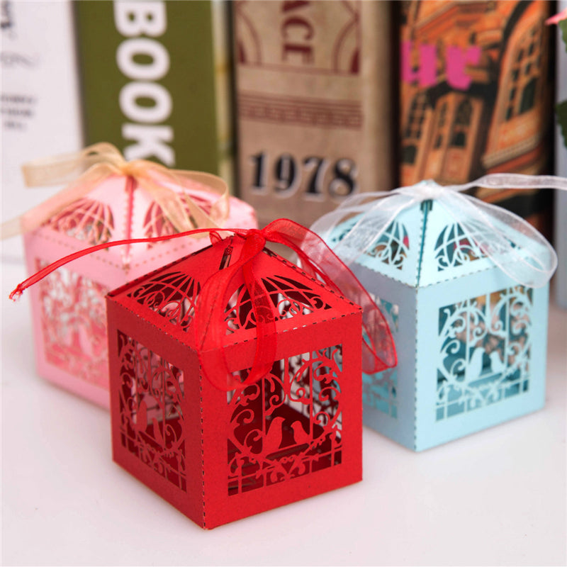 Champagne Gold Love Bird Luxury Favour Boxes With Organza Ribbons - 20 pcs