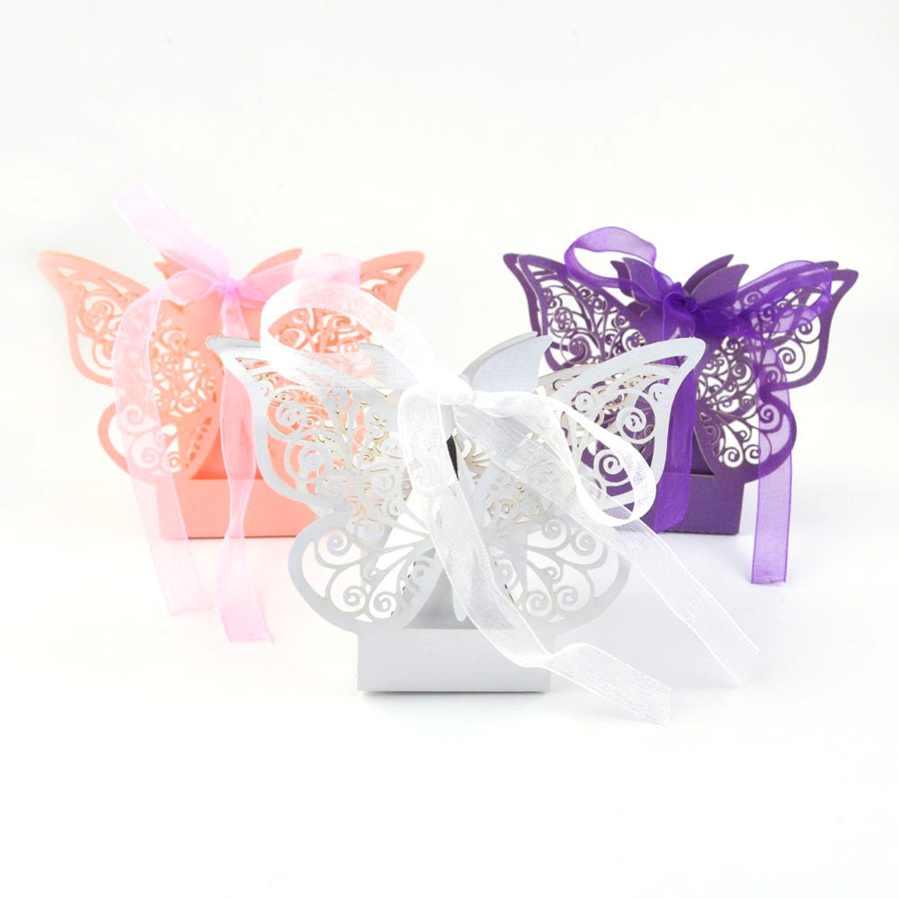 Purple Butterfly Luxury Favour Boxes With Organza Ribbons - 20 pcs