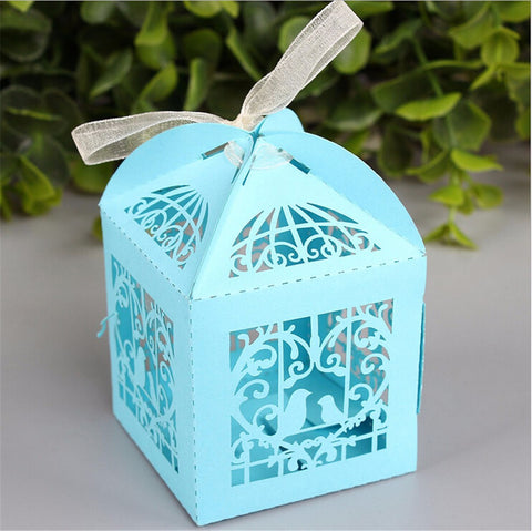 Turquoise / Aqua Love Bird Luxury Favour Boxes With Organza Ribbons - 20 pcs