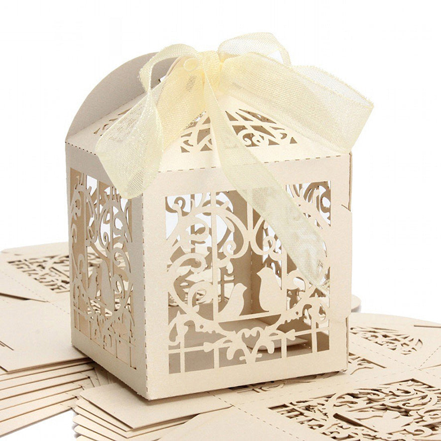 Ivory / Cream Love Bird Luxury Favour Boxes With Organza Ribbons - 20 pcs