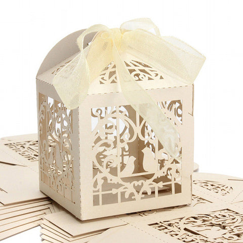 Ivory / Cream Love Bird Luxury Favour Boxes With Organza Ribbons - 20 pcs