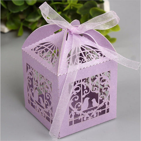 Lilac Love Bird Luxury Favour Boxes With Organza Ribbons - 20 pcs