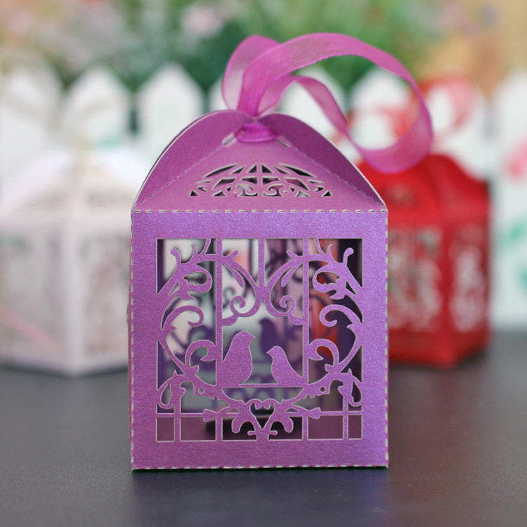 Purple Love Bird Luxury Favour Boxes With Organza Ribbons - 20 pcs