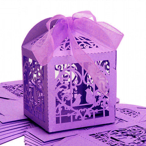 Purple Love Bird Luxury Favour Boxes With Organza Ribbons - 20 pcs