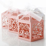 Rose Pink Love Bird Luxury Favour Boxes With Organza Ribbons - 20 pcs