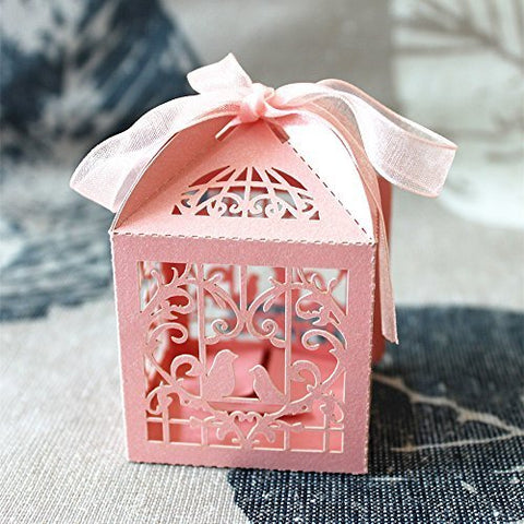 Rose Pink Love Bird Luxury Favour Boxes With Organza Ribbons - 20 pcs