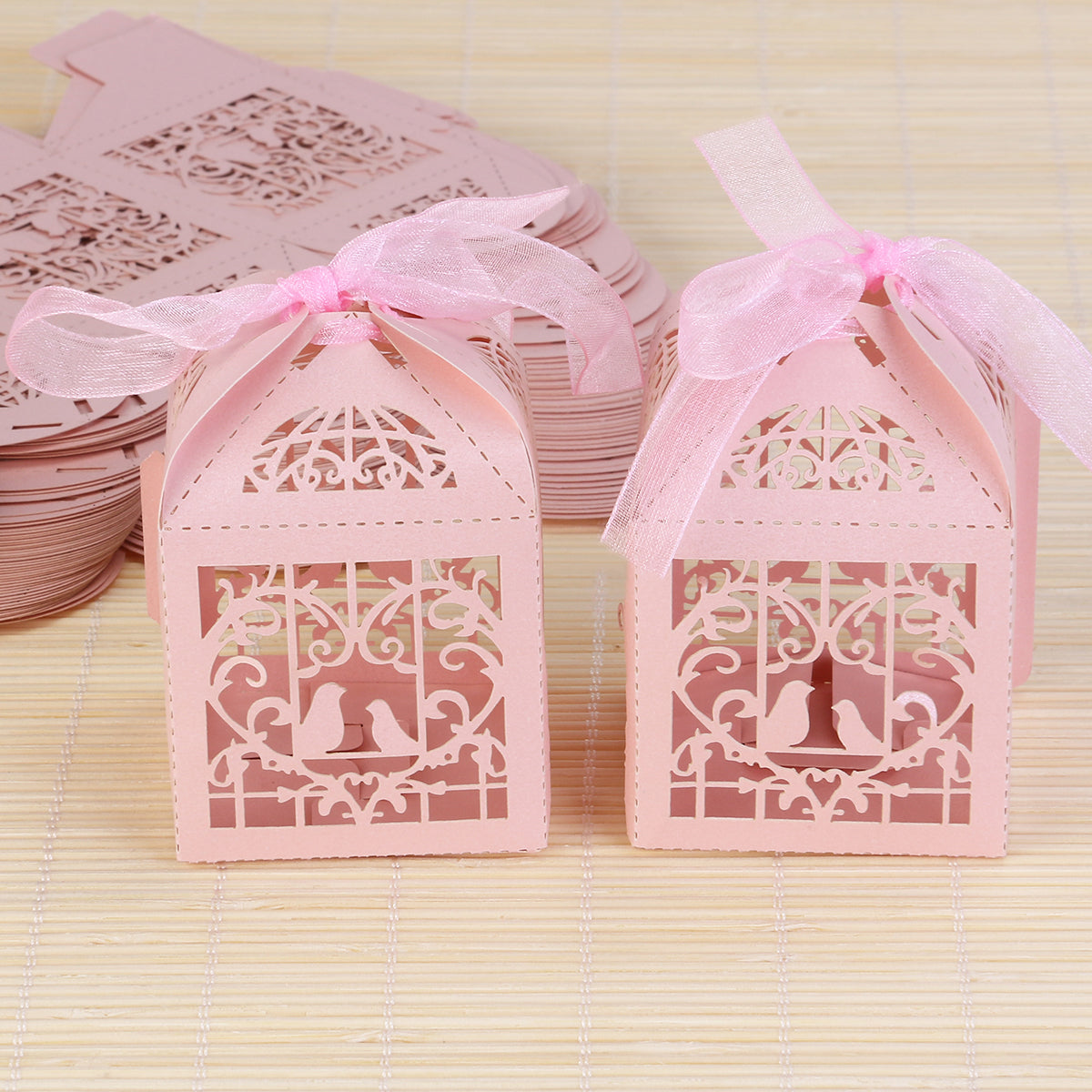 Rose Pink Love Bird Luxury Favour Boxes With Organza Ribbons - 20 pcs