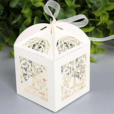 White Love Bird Luxury Favour Boxes With Organza Ribbons - 20 pcs