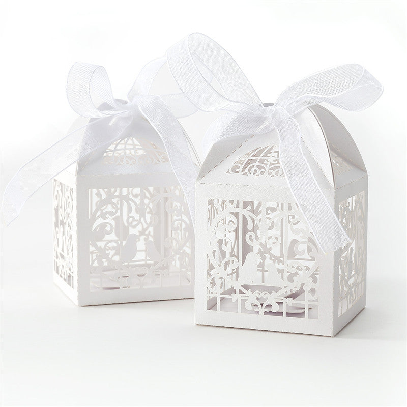 White Love Bird Luxury Favour Boxes With Organza Ribbons - 20 pcs