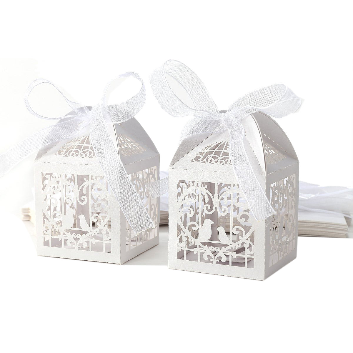 White Love Bird Luxury Favour Boxes With Organza Ribbons - 20 pcs