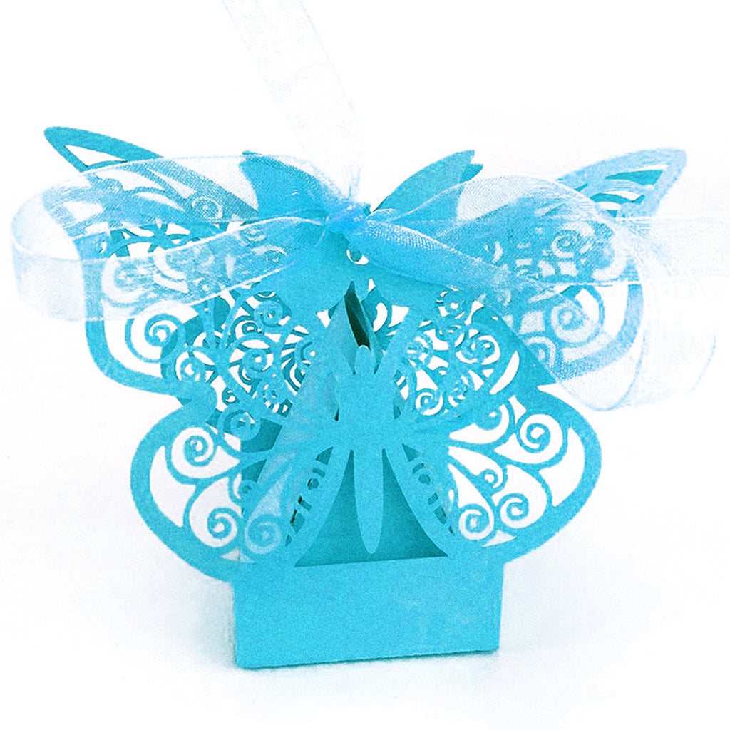 Turquoise / Aqua Butterfly Luxury Favour Boxes With Organza Ribbons - 20 pcs