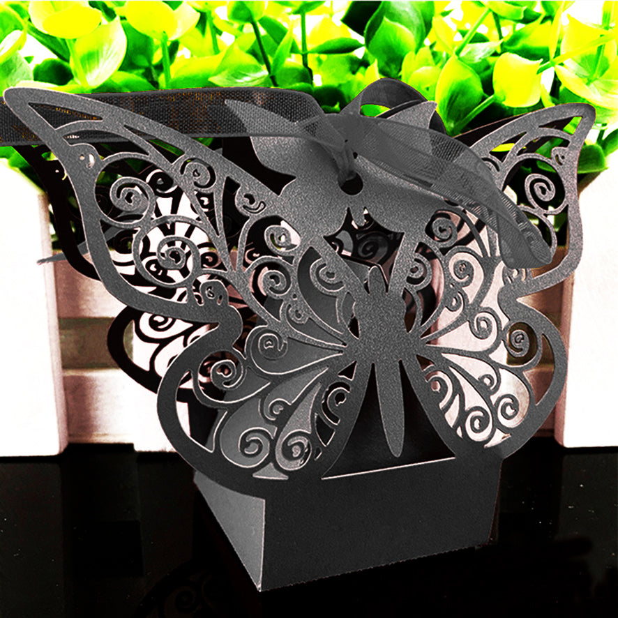Black Butterfly Luxury Favour Boxes With Organza Ribbons - 20 pcs