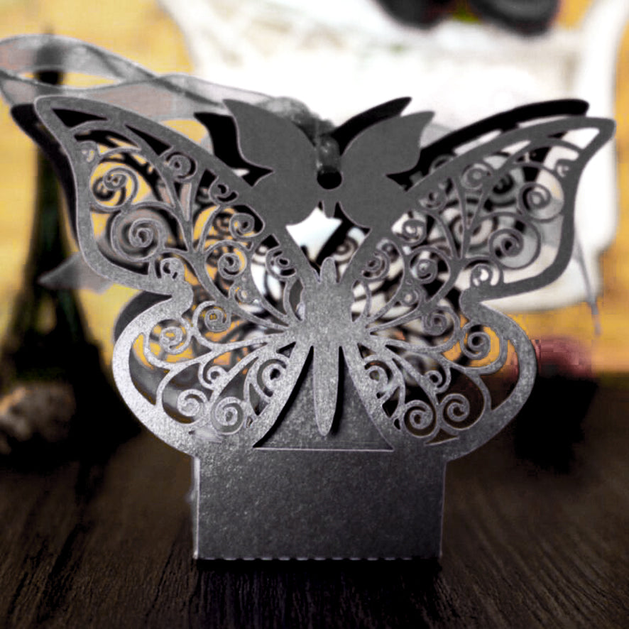 Black Butterfly Luxury Favour Boxes With Organza Ribbons - 20 pcs