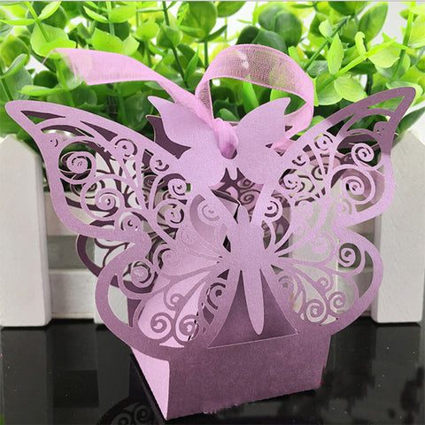 Lilac Butterfly Luxury Favour Boxes With Organza Ribbons - 20 pcs