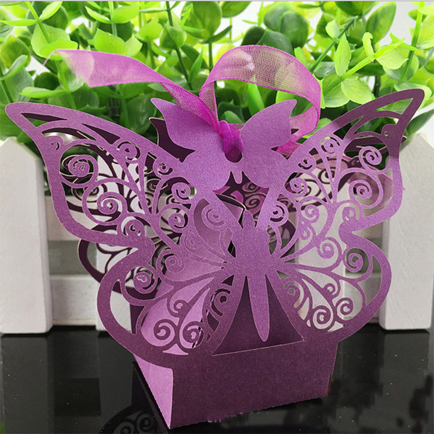 Purple Butterfly Luxury Favour Boxes With Organza Ribbons - 20 pcs