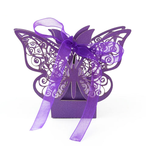 Purple Butterfly Luxury Favour Boxes With Organza Ribbons - 20 pcs