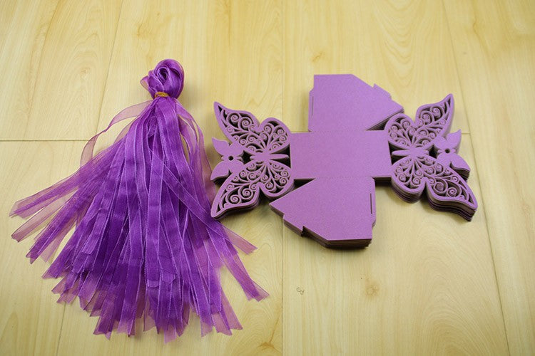 Purple Butterfly Luxury Favour Boxes With Organza Ribbons - 20 pcs