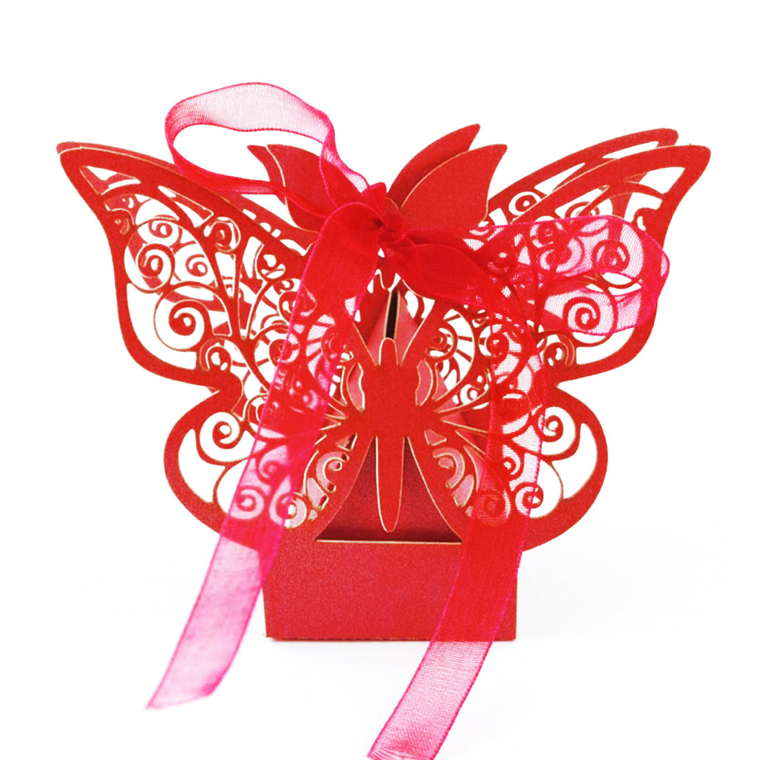 Red Butterfly Luxury Favour Boxes With Organza Ribbons - 20 pcs
