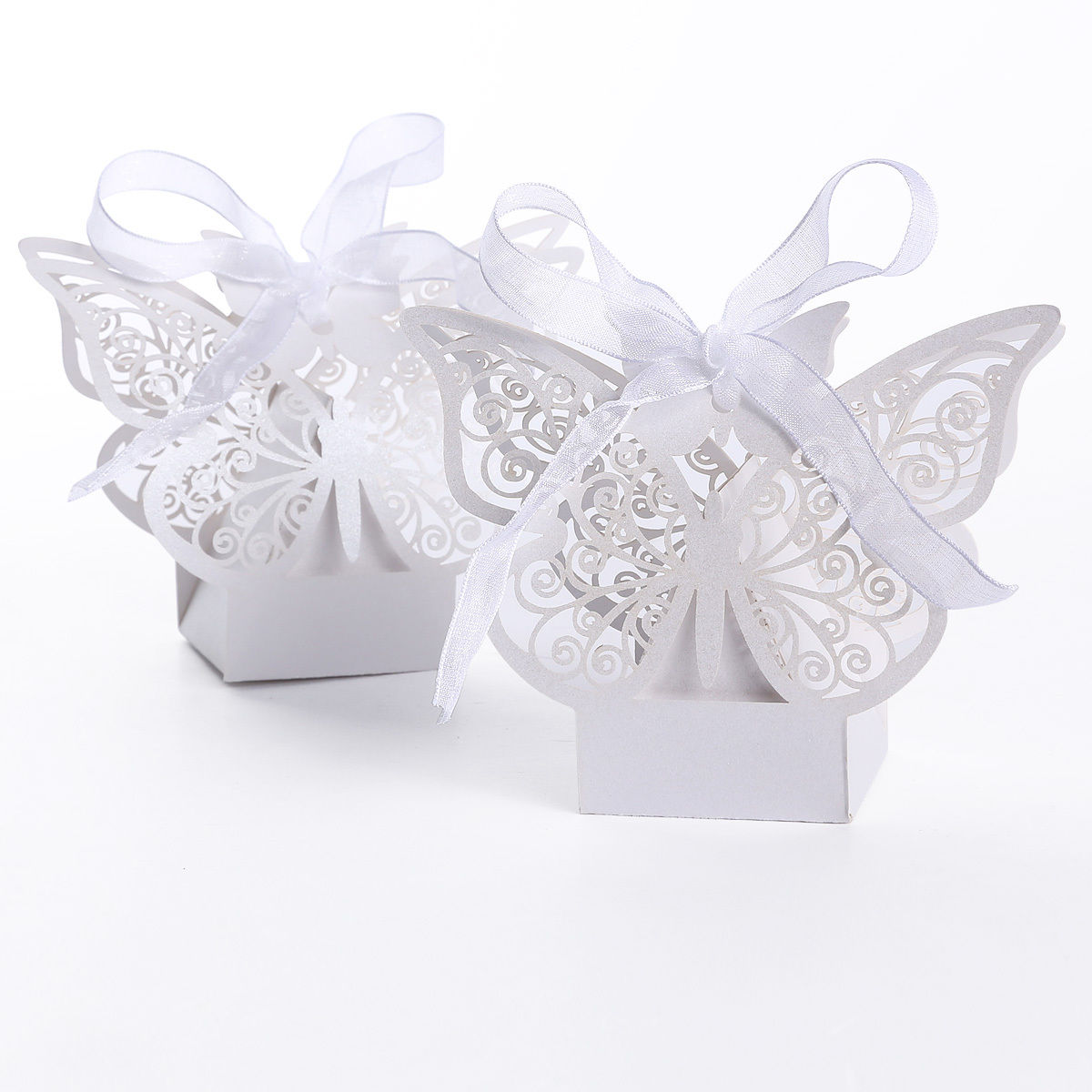 White Butterfly Luxury Favour Boxes With Organza Ribbons - 20 pcs
