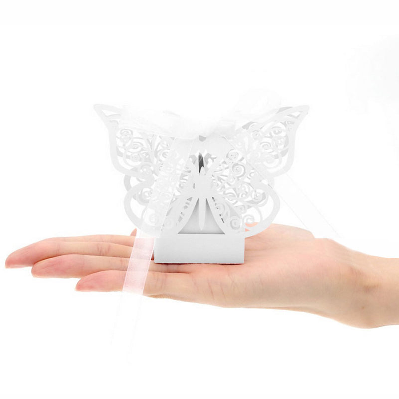 White Butterfly Luxury Favour Boxes With Organza Ribbons - 20 pcs