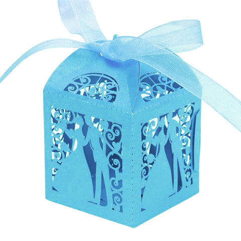 Turquoise / Aqua Bride & Groom Luxury Favour Boxes With Organza Ribbons - 20 pcs