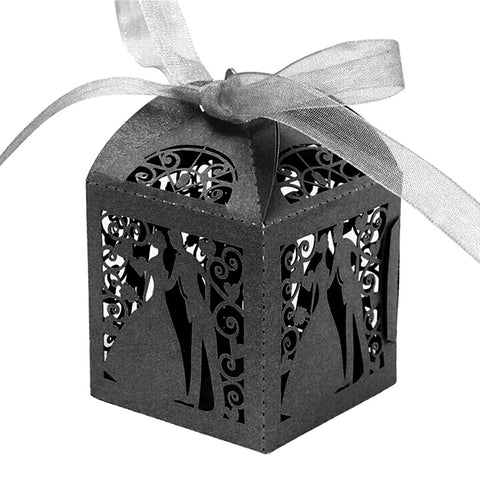 Black Bride & Groom Luxury Favour Boxes With Organza Ribbons - 20 pcs