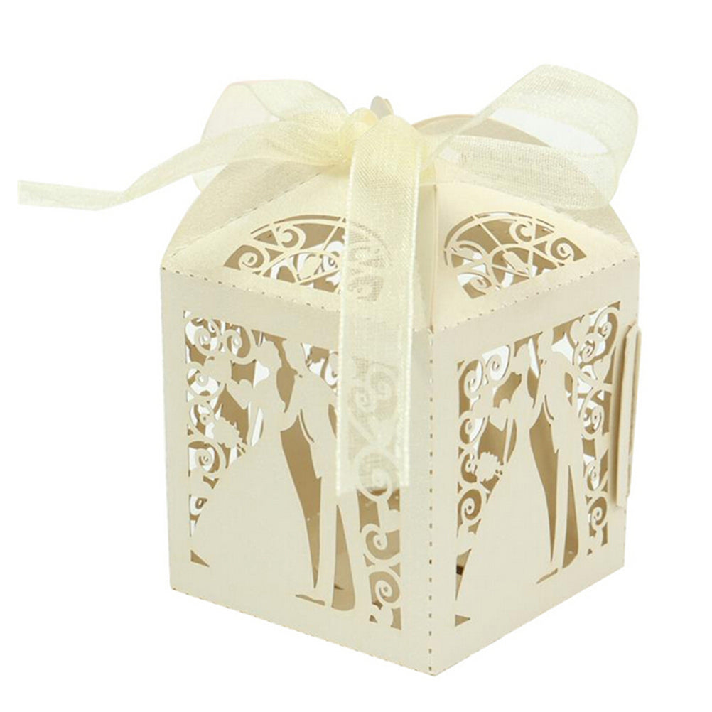 Ivory / Cream Bride & Groom Luxury Favour Boxes With Organza Ribbons - 20 pcs