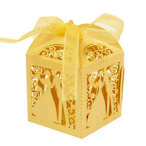 Champagne Gold Bride & Groom Luxury Favour Boxes With Organza Ribbons - 20 pcs