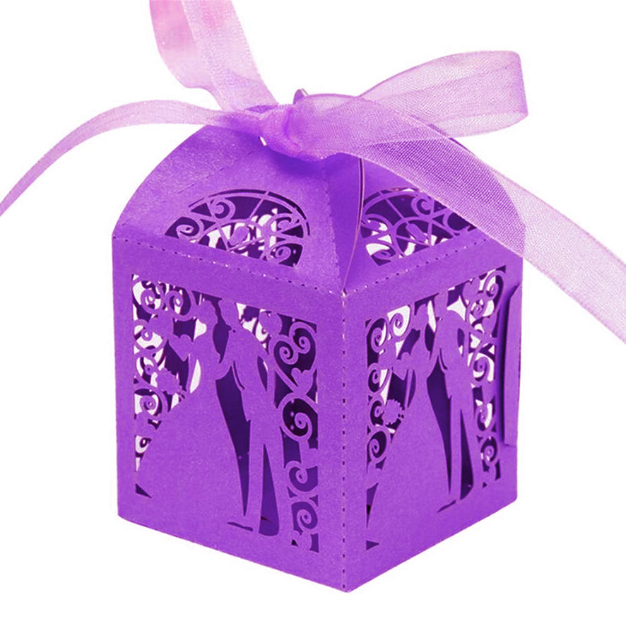 Purple Bride & Groom Luxury Favour Boxes With Organza Ribbons - 20 pcs