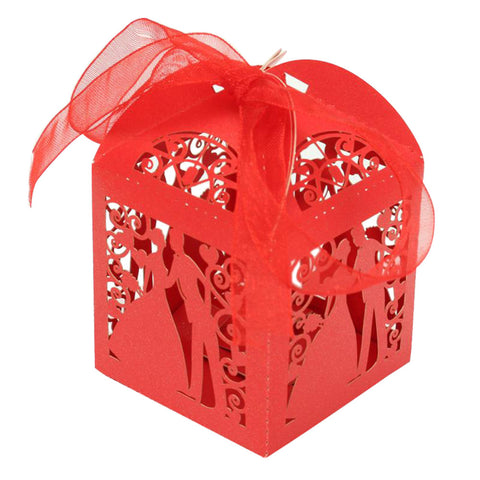 Red Bride & Groom Luxury Favour Boxes With Organza Ribbons - 20 pcs