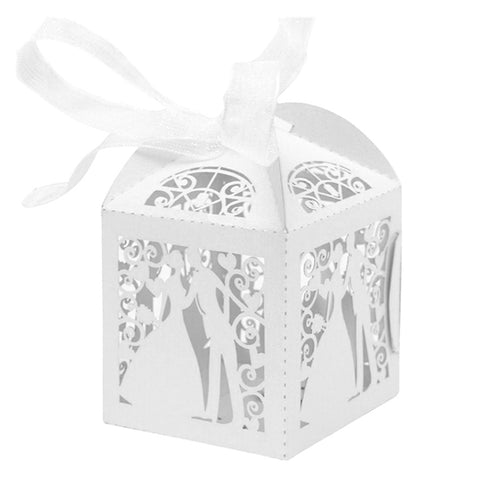 White Bride & Groom Luxury Favour Boxes With Organza Ribbons - 20 pcs