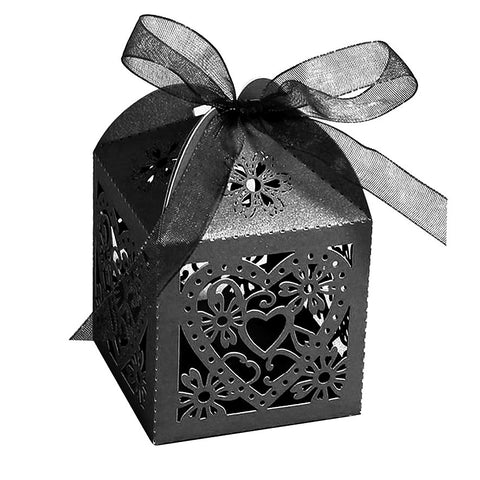 Black Love Heart Luxury Favour Boxes With Organza Ribbons - 20 pcs