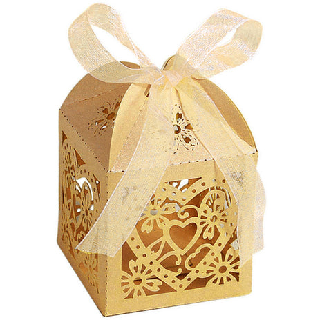 Champagne Gold Love Heart Luxury Favour Boxes With Organza Ribbons - 20 pcs