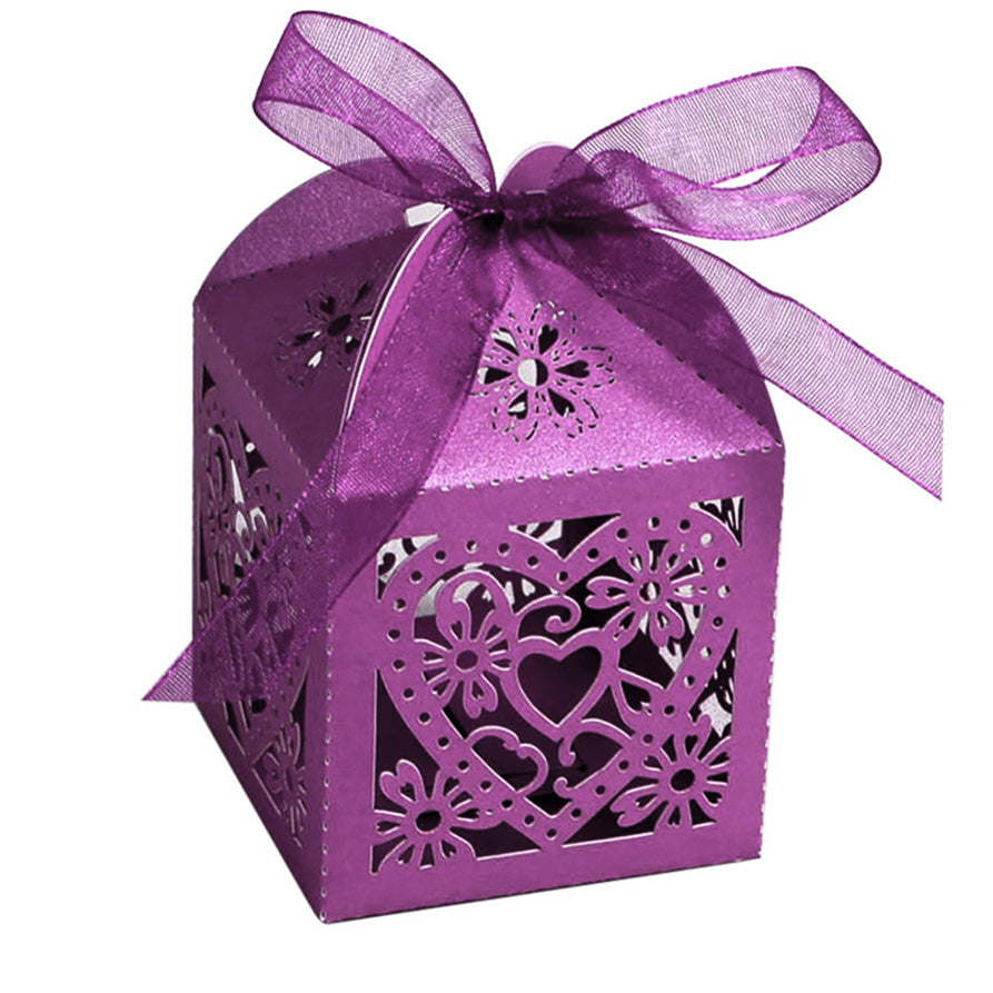 Purple Love Heart Luxury Favour Boxes With Organza Ribbons - 20 pcs