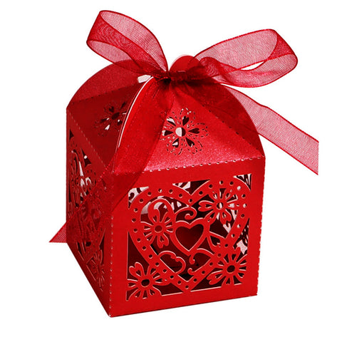 Red Love Heart Luxury Favour Boxes With Organza Ribbons - 20 pcs