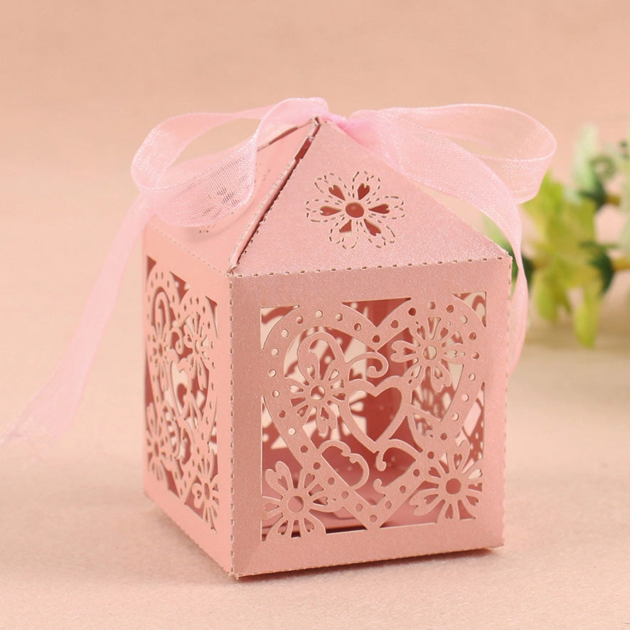 Rose Pink Love Heart Luxury Favour Boxes With Organza Ribbons - 20 pcs