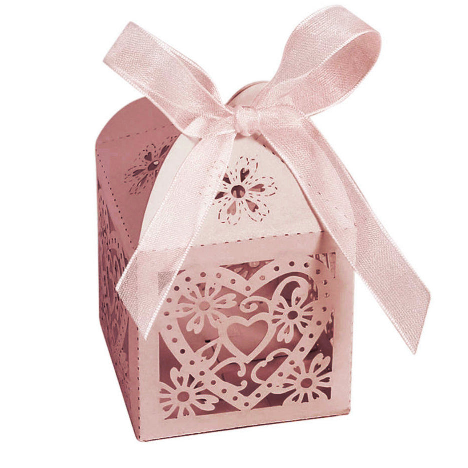 Rose Pink Love Heart Luxury Favour Boxes With Organza Ribbons - 20 pcs