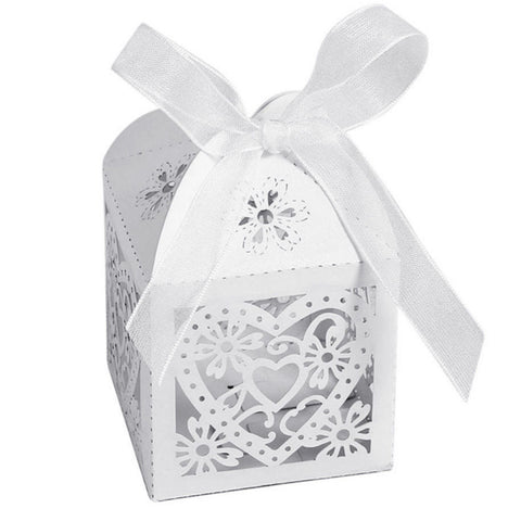 White Love Heart Luxury Favour Boxes With Organza Ribbons - 20 pcs