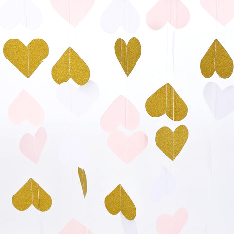 3M Sparkling Heart Shape Paper String Garland Hanging Bunting - Pink White Gold (Vertical)